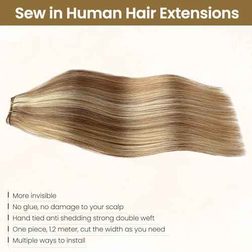 18 Inch Human Hair Weft Sew in Hair Extensions Real Human Hair Hand Tied Weft Hair Extensions Color 12/613 Golden Brown to Bleach Blonde Highlight Human Hair Bundles Straight Remy Hair Wefts 100 Gram