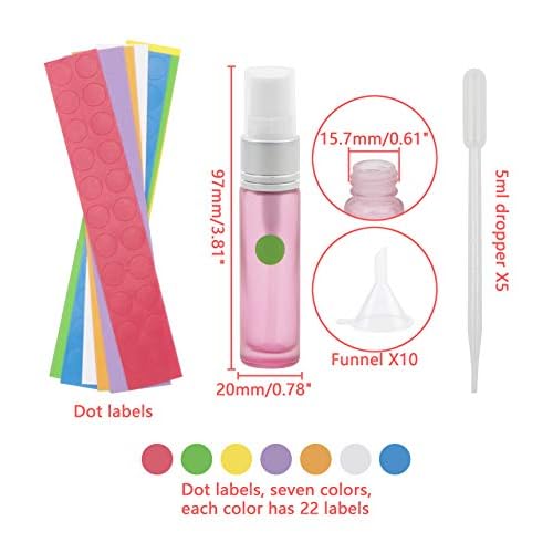 JIUWU Spray Bottle,10 Ml,Perfume Glass Spray Bottles,10 Pack Travel Perfume Bottle Refillable.Mini Small Atomizer,Spray Bottles for Hair eith 10 Funnels and Colourful Logo Stickers