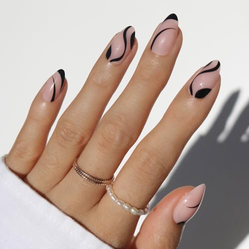 Glamnetic Ink Wave Press-On Nails | Short Almond Black Swirl Design
