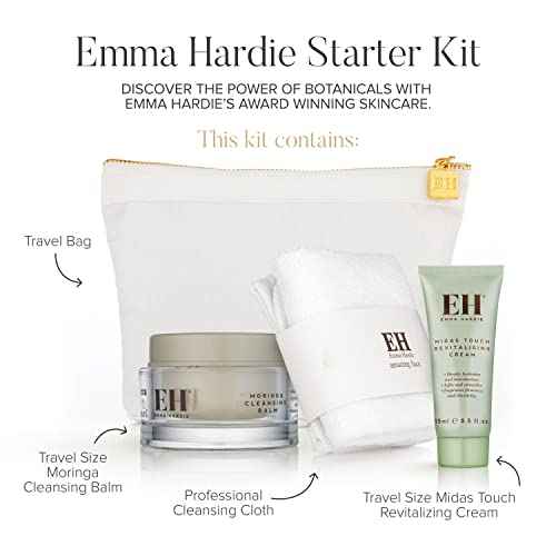 Emma Hardie Starter Kit: Travel Size 50ml Moringa Cleansing Balm, Travel Size 15ml Midas Touch Revitalising Cream & Professional Cleansing Cloth, Packed in a Cosmetic Bag, Natural & Cruelty Free