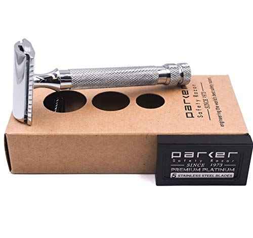 Parker 91R Heavyweight Long Handle Safety Razor – Classic 3-Piece Double Edge Razor for Smooth, Close Shaves – Brass Frame with Textured Chrome Finish – Compatible with All DE Razor Blades