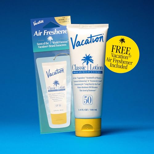 Vacation Classic Sunscreen Lotion SPF 50 + Air Freshener Bundle, Water Resistant Broad Spectrum Sunscreen Sun Block, Vegan Sun Tanning Lotion, Body Lotion with SPF, SPF 50 Sunscreen, 3.4 Fl. Oz.