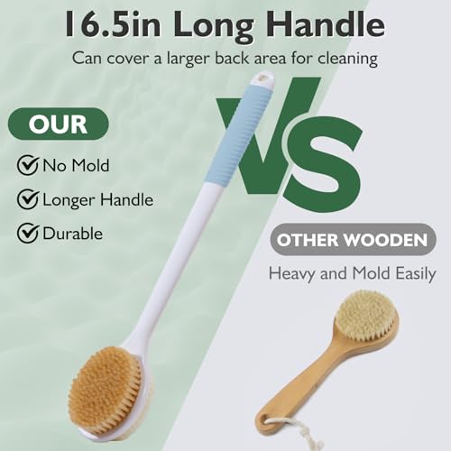 VANZAVANZU 17 Inch Anti-Slip Long Handle Back Scrubber for Shower ? Dual-Sided Shower Brush and Shower Back Scrubber with Soft and Stiff Bristles for Wet or Dry Brushing (Blue)
