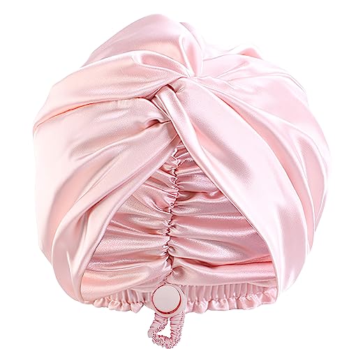 Silk Satin Bonnet for Sleeping Hair: Women Men Adjustable Night Wrap Sleep Cap Turban, Large Long Curly Braid Stay on Head - Pink