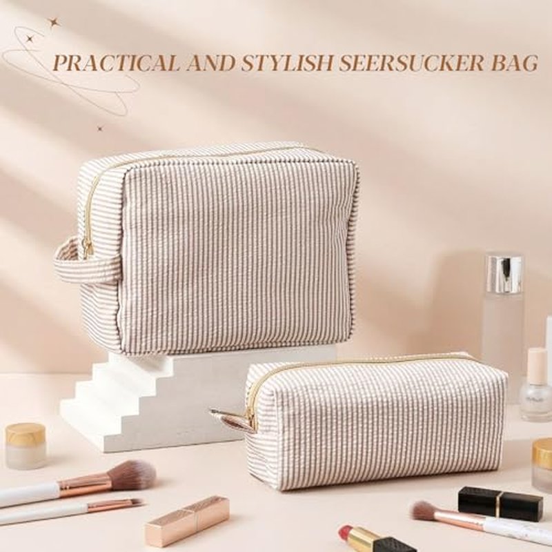 Sanwuta 2-Piece Seersucker Makeup Bag Set - Travel Toiletry Pouches