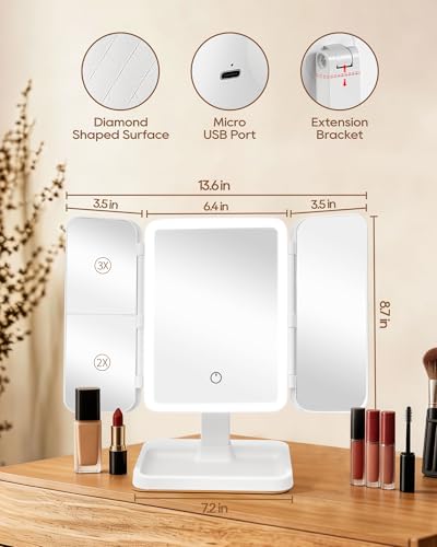 Trifold Vanity Mirror with Lights, 2X/3X Magnification & Storage