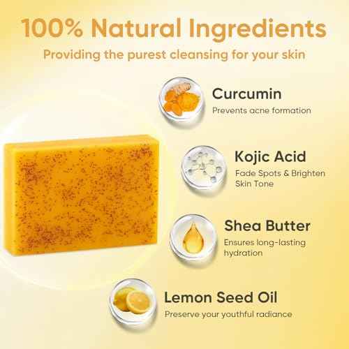 Treeroot 5 Pack Turmeric Soap for Dark Spots, 80g Kojic Acid and Turmeric Soap Bar, Face Even Skin Tone, Natural Potent Moisturizing Ingredient, Contains Vitamin C, Shea Butter, Lemon Oil, Retinol