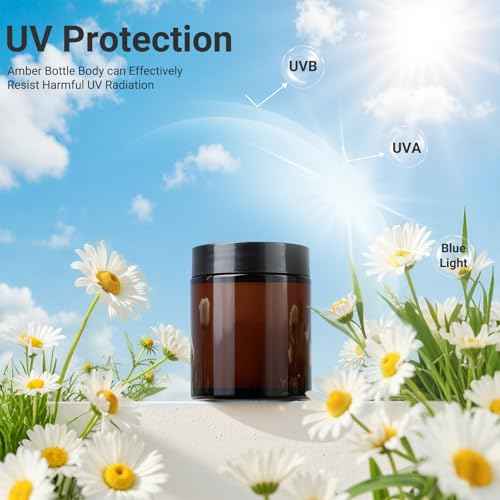 12 Pack 8 oz Amber Round Glass Jars, 240 g Empty Cosmetic Containers with Inner Liners, Black Plastics Lids Glass Jars with Lables for Cosmetics, Face Cream, Lotion, Ointments and DIY Candle
