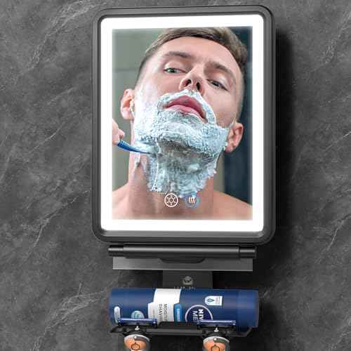 Heated Shower Mirror Fogless for Shaving, 3 Color Dimmable Lights Shower Mirror Fogless, Rechargeable Anti-Fog Shaving Mirror with Razor Holder, Storage Tray, Squeegee