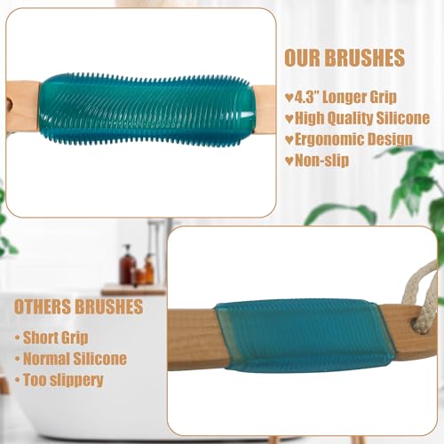 OWIIZI Back Scrubber for Shower with Soft and Stiff Boar Bristles Dual-Sided Wooden Long Handle Antiskid Body Bath Brush for Back Use Wet or Dry,Deep Cleanse Large Surface Back Scrub Brush