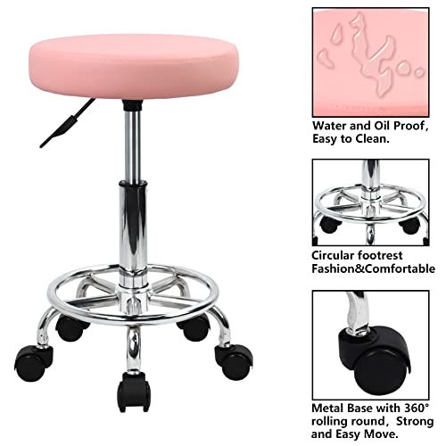 Pink PU Leather Rolling Stool with Footrest & Height Adjustment - Salon & Drafting Chair