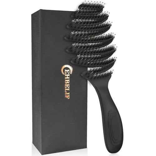 Boar Bristle Hair Brush & Detangling Brush? Fluffy Hair Paddle Detangler Hairbrush with Vent & Curved Design for Fine, Thick, Curly Hair (Wet/Dry Use, Women Men Kids)