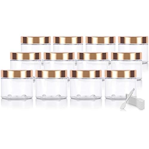 (12 Pack) 6 oz Clear PET Plastic Jar with Gold Metal Overshell Lid + Spatulas