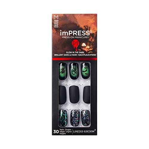 KISS imPRESS Limited Edition Halloween Press-On Nails, Glow-In-The-Dark, PureFit Technology, 'Witchful Thinking’, with Prep Pad, Mini File, Cuticle Stick, & 30 Fake Nails