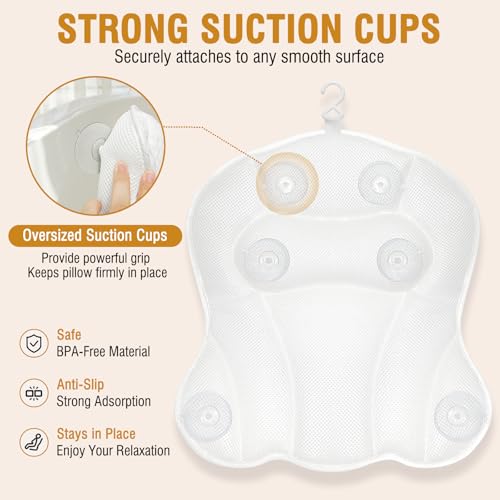 Ergonomic Bath Pillow with 5D Air Mesh & Suction Cups