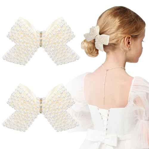 TOKUFAGU 2 PCS Pearl Hair Bows Clips for Toddler Girls, Elegant Ivory White Pearl Clips Hair Accessory for Flower Girl Wedding Birthday Halloween Christmas