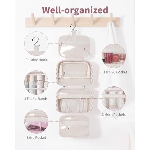 Narwey Hanging Toiletry Bag for Women Checkered Travel Makeup Bag Organizer Cosmetic Make up Toiletries Bag for Travel Essentials Accessories (Dusty Pink Checkerboard, Medium)