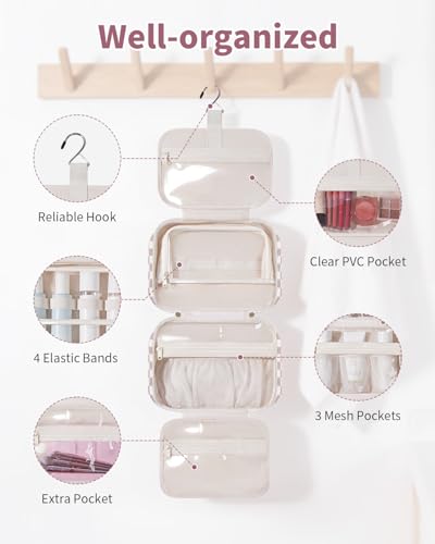 Narwey Dusty Pink Checkerboard Medium Hanging Travel Toiletry Bag for Women