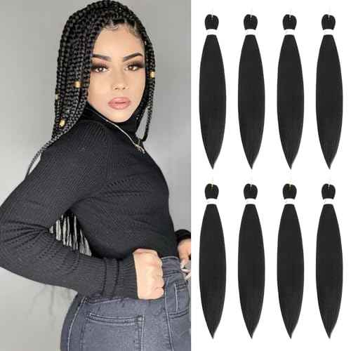 Braiding Hair Pre Stretched 24 Inch 8 Packs Pre Stretched Braiding Hair For Braiding Twist Hair For Crochet Braids Hot Water Setting Soft Yaki Texture(24Inch,1B)