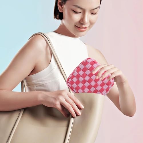 3Pcs Makeup Bag Set for Women, Checkered Cosmetic Bag Travel Toiletry Bags for Purse Large Small Mini Makeup Pouch Zipper Makeup Brushes Aesthetic Accessories Storage Organizer Bag (Pink Set)