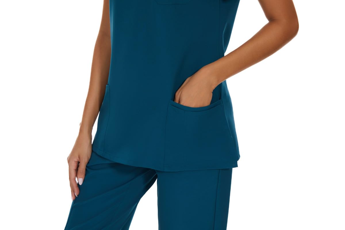 COZYFIT Scrubs for Women Set - Stretch V-Neck Scrub Top & Jogger Pant with 8 Pockets, Yoga Waistband, Anti Wrinkle, Slim Fit Women Scrubs