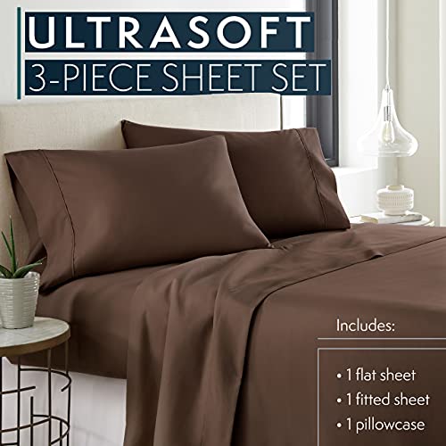 Twin Sheets Set, 3 pc Bed Sheets & Pillowcase Set - Machine Washable for Easy Care - Soft & Breathable All Season Microfiber Sheets with Deep Pockets - Brown