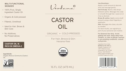 Organic Cold Pressed Castor Oil - 16 fl oz for Hair, Skin & Beauty