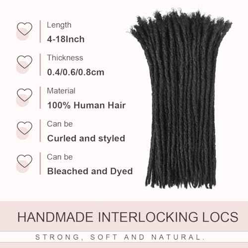 DAIXI Handmade Interlocking Locs 100% Real Human Hair Permanent Loc Extensions Textured Natural Looking Soft Dreadlocks (1B - 0.8cm, 10 Inch 20 Strands)