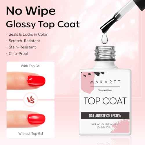Makartt No Wipe Gel Top and Base Coat Set ? Matte & Glossy Finish, 3pcs Soak-Off Long Lasting Gel Nail Polish Essentials, No Yellowing, UV/LED Lamp Required, DIY Nail Art Gift for Women, 10ml