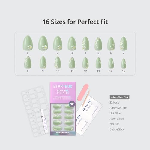 BTArtbox Meadow Daisy Press On Nails - Short Almond, 32Ct Kit