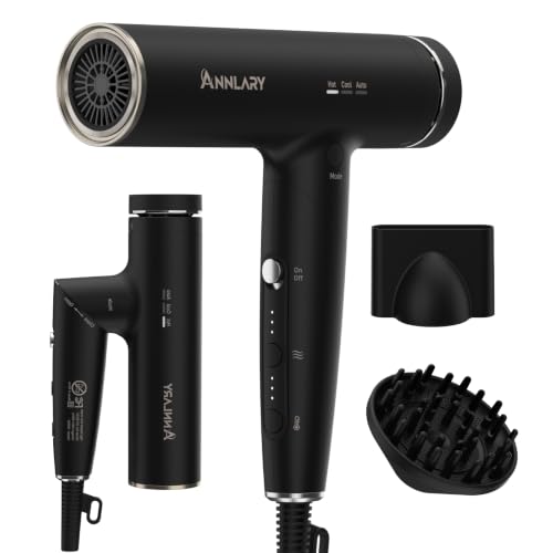 ANNLARY Black Foldable Ionic Hair Dryer with Diffuser - Travel-Friendly, Low Noise, Frizz Control, 1500W