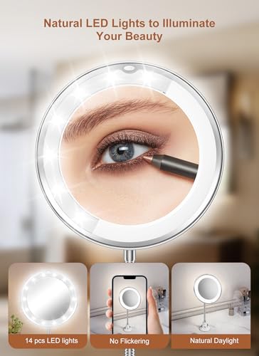 10x Magnifying Mirror with LED Light & Gooseneck