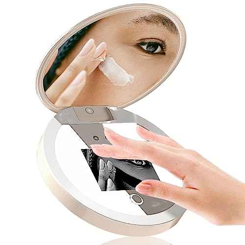 Diyeeni Compact Mirror with Camera for Sunscreen Test, Travel Lighted Makeup Mirror, 2X Magnification, Portable 2 Sided Pocket Mirror for Handbag Purse, 3.5 Inch