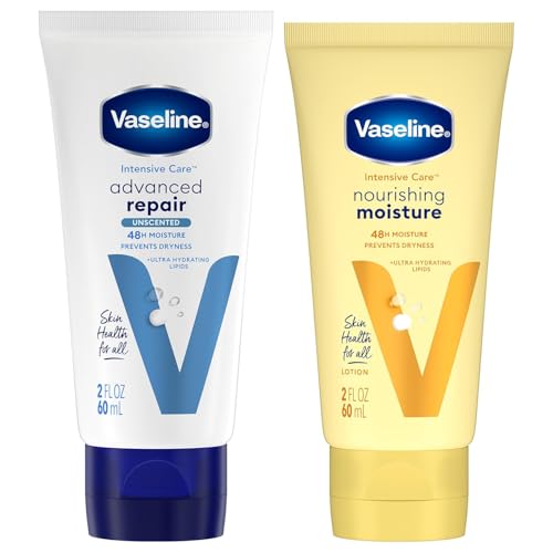 Vaseline Intensive Care Lotion Bundle ? Advanced Repair Unscented Formula and Nourishing Moisture Hand and Body for Extremely Dry Skin, 2 OZ Ea (2 Piece Set)