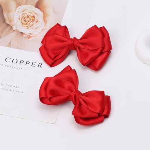 4.5 Inches Double Hair Bows for Women Girls Thick Ribbon Boutique Alligator Clips Hair Accessories for Older Kids Children Young Girls 2 Pcs (Red)