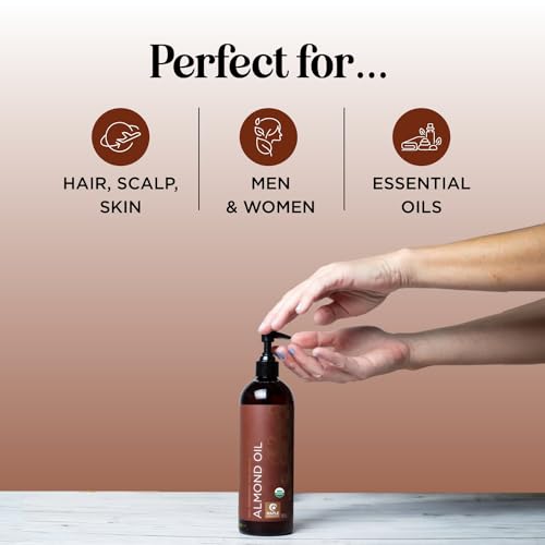 USDA Organic Sweet Almond Oil - Pure Cold Pressed Organic Almond Oil for Skin Hair and Nails - Moisturizing Organic Body Oil for Women and Men plus Carrier Oil for Essential Oils Mixing 16oz