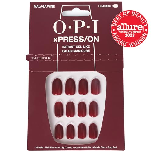 OPI xPRESS/ON Press On Nails, Up to 14 Days of Wear, Gel-Like Salon Manicure, Vegan, Sustainable Packaging, With Nail Glue, Short Red Nails, Malaga Wine