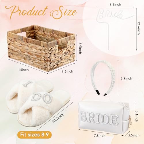Kacctyen 16 Pcs Bride Gift Basket Ideas Bridal Shower Gifts Boxes Include Wicker Basket Bride Makeup Bag Slippers Pearl Headband Jewelry Box Hair Bow Veil and More for Bridal Stuff Engagement Gifts