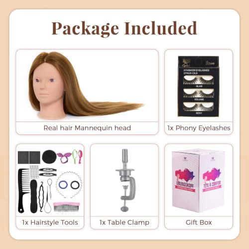 Neverland 28-inch Real Hair Mannequin Head with Table Clamp − 80% Human Hair, Light Brown, DIY Styling Set
