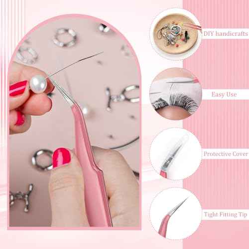 Honoson 9 Pieces Curved Pointed Craft Tweezers Stainless Steel Precision Tweezer with Protective Cover for Rhinestones Dried Flowers Craft Stickers Eyelash Extension Jewelry Making(Pink)