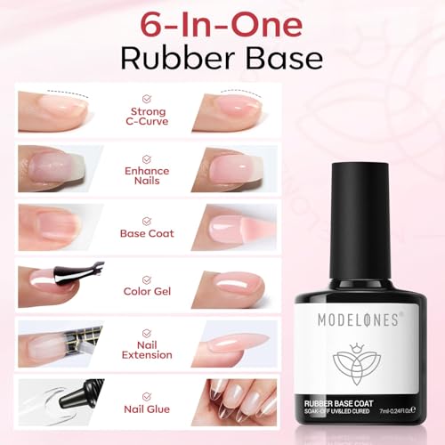 Modelones Builder Rubber Gel Base Coat Glitter Blush for Nails, Nude Pink, Strengthen & Extend