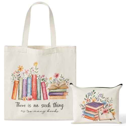 Y1tvei Aesthetic Canvas Tote Bag - 2Pcs Colorful Reading Canvas Cosmetic Bag Set There Is No Such Thing As Too Many Books Tote Bag Makeup Reusable Grocery Bags Black to School Gift for Women Girls