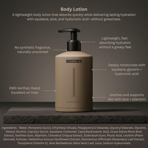 HygieneLab Body Lotion for Men ? EWG Verified, Ultra Hydrating, Non-Toxic, Fast-Absorbing, Fragrance-Free, Unscented, Paraben-Free, Sulfate-Free, Daily body lotion for Dry Skin & Sensitive Skin, 12oz