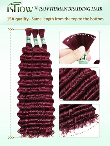 ISHOW 24 Inch Deep Wave Bulk Human Hair - Red Burgundy 99J