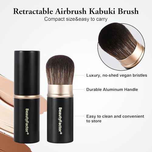 Retractable Kabuki Makeup Brush,Round Head Travel Makeup Brush Portable Brushes for Powder and Liquid Foundation, Bronzer, Blush and other face makeup With Aluminum Handle