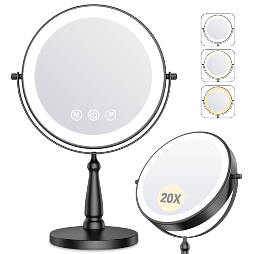 Makeup Mirror with Lights, 20X Magnifying Mirror with Light and 3 Colors, 9" Vanity Mirror with Lights and Adjustable Brightness, 2-Sided Tabletop Mirrors with 360¡Æ Rotation, Black Desk Mirrors