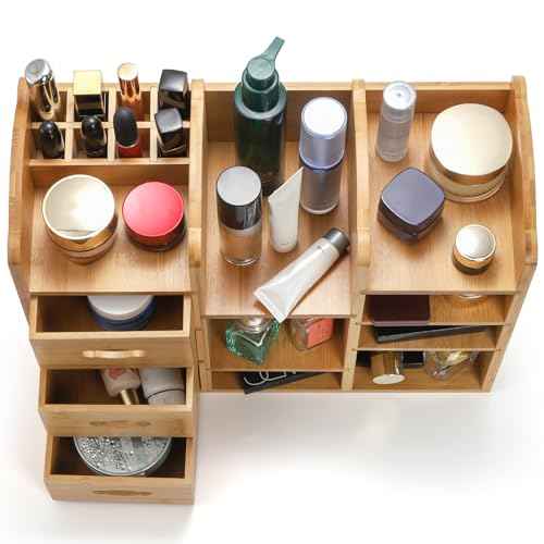 Coloch Bamboo Makeup Cosmetics Organizer with Drawers, Multifunctional Dresser Top Makeup Storage Tabletop Organizer Shelf for Desktop, Skincare, Beauty Supplies, Cosmetics Display, Stationery Storage