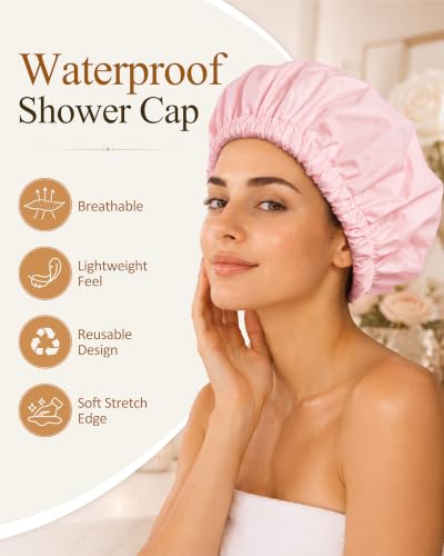 Edoneery Reusable Waterproof Shower Cap for Women - Pink, Large Fit