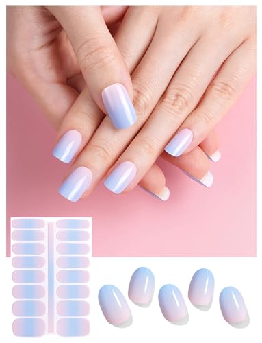 AutyaMee Semi Cured Gel Nail Strips (Blue Pink Ombre)-16 Pcs Gradient UV Nail Stickers | UV Light Required | Gel Nail Wraps, Light Slimmer And More Translucent