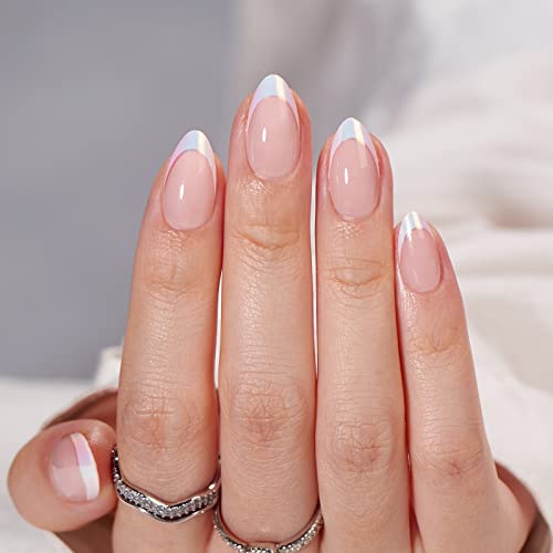 BTArtbox French Tip Press On Nails - Almond Stick On Nails for Women, Glue On Nails with Nail Glue - Berry French & Mermaid